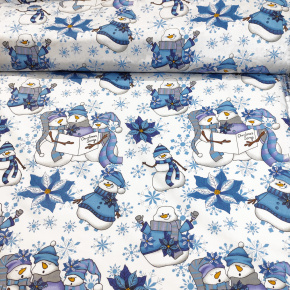 Tkanina bawełniana świąteczna  Niebieskie bałwanki na białym tle