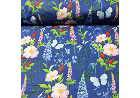 Dekorační dětská bavlněná látka vzor Pole na modrém