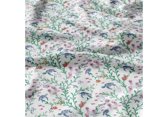 Tkanina bawełniana wzór Wodny świat na białym tle