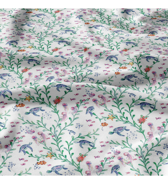 Tkanina bawełniana wzór Wodny świat na białym tle