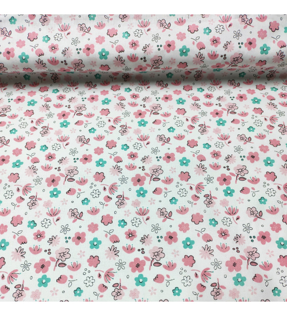 Dekorační dětská bavlněná látka vzor kytičky růžové na bílém