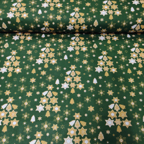 Świąteczna tkanina bawełniana wzór Gwiazdki Świąteczne na zielonym tle