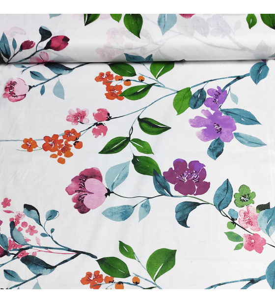 Dekorační dětská bavlněná látka vzor kytičky na bílém