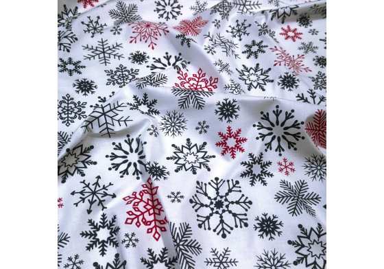 Christmas cotton fabric, by the meter, width 160 cm, Black and Red Snowflakes on White
