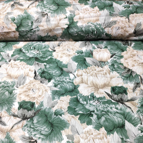 Tkanina bawełniana wzór Pionia Zielona na białym tle Vintage