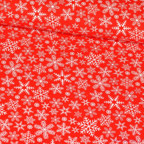 Tkanina bawełniana świąteczna wzór białe śnieżynki na czerwonym tle