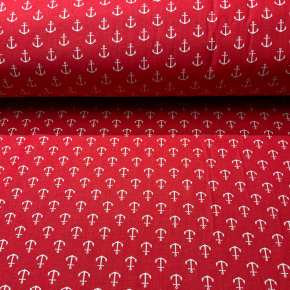 Tkanina bawełniana wzór białe kotwice na czerwonym tle