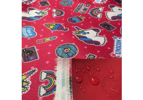 Tkanina wodoodporna KODURA wzór Jednorożec na czerwonym tle