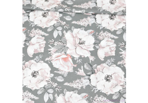 Tkanina bawełniana wzór jasnoróżowe bukiety kwiatów na szarym