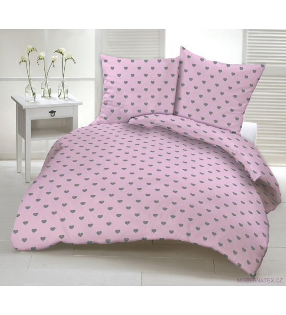 Dekorační bavlněná látka metráž vzor Srdíčka, barva šedá na růžovém