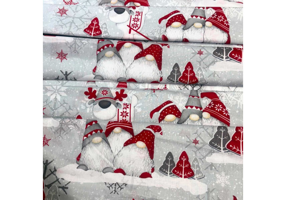 Christmas cotton fabric, by the meter, width 160 cm, Red and Gray Gnomes on Gray