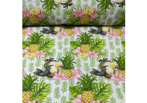 Tkanina bawełniana wzór papuga z ananasem na białym tle