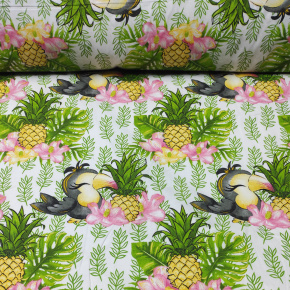 Tkanina bawełniana wzór papuga z ananasem na białym tle