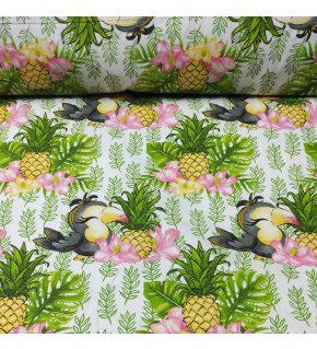 Tkanina bawełniana wzór papuga z ananasem na białym tle