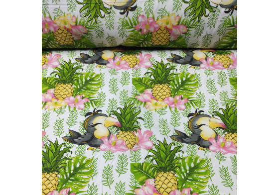 Dekorační dětská bavlněná látka vzor Papoušek a ananas na bílém