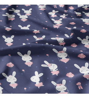 Tkanina bawełniana wzór biały króliczek w różowej sukience na granatowym tle
