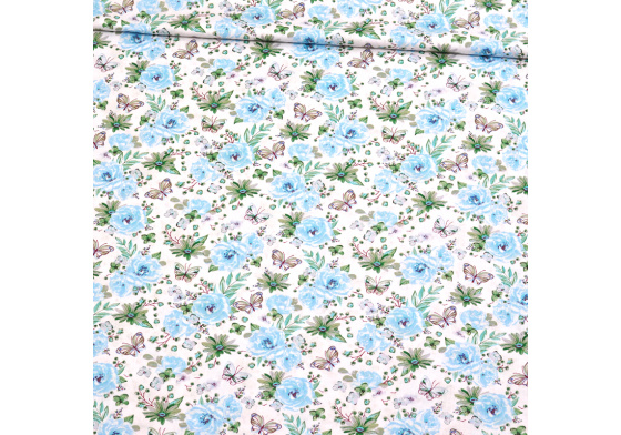 Dekorační dětská bavlněná látka vzor kytičky malé Růže modré na bílém