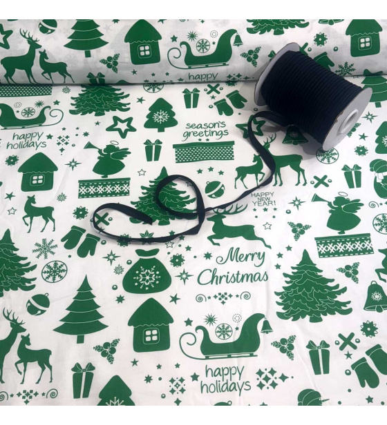 Vánoční bavlněná látka, metráž, šíře 160 cm, Vánoční MIX Zelený na Bílém