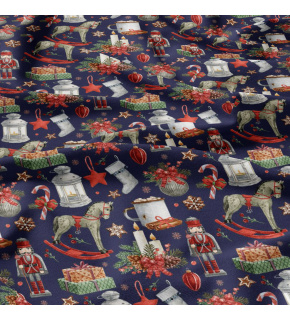 Świąteczna tkanina bawełniana wzór Świąteczny na granatowym tle
