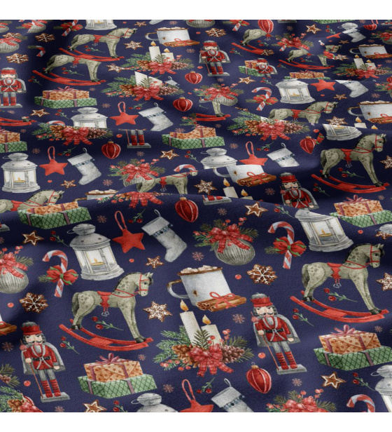 Świąteczna tkanina bawełniana wzór Świąteczny na granatowym tle