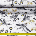 Tkanina bawełniana wzór szare liście i szare-żółte kwiaty