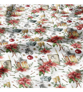 Świąteczna tkanina bawełniana wzór Latarka i Kieliszki na białym tle