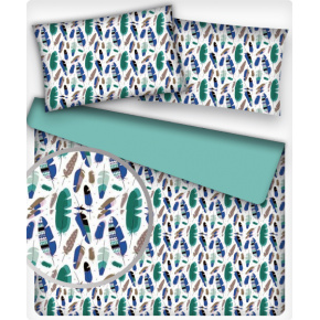 Tkanina bawełniana wzór niebiesko-miętowe pióra na białym tle