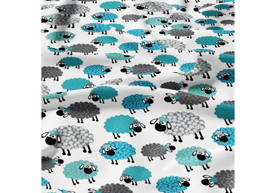 Bavlněné látky, metráž. Ovečky Tyrkysové na Bílém 