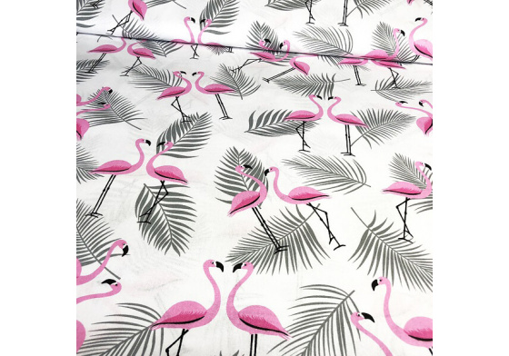 Tkanina bawełniana dla dzieci wzór flaminga z szarymi liśćmi