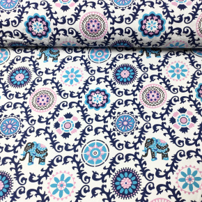 Tkanina bawełniana wzór orientalny niebiesko-szary na białym