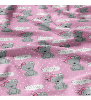 Tkanina bawełniana wzór szare pandy na różowym tle