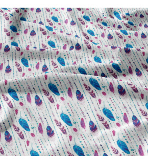 Tkanina bawełniana wzór turkusowo - amarantowe pióra