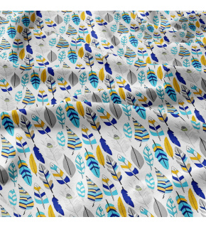 Tkanina bawełniana wzór niebiesko-żółte pióra na białym tle